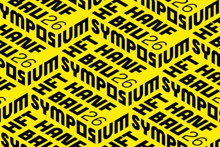 Schwarzer Schriftzug HFT Hanfbausymposium 26 auf gelbem Grund