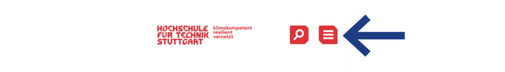 Screenshot des Kopfbereichs der Website, Pfeil zeigt auf den Button zum Menü