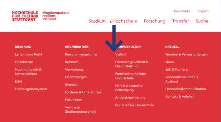 Screenshot des Kopfes der Website mit geöffnetem Menü