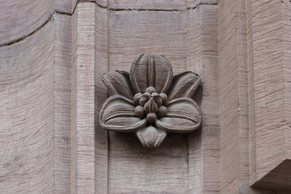 Eine Steinblume an dem Gebäude der HfT