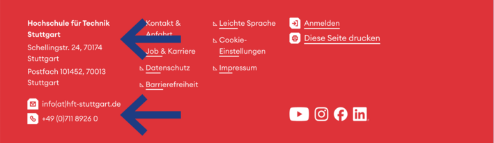 Screenshot des Website Footers mit Adresse der HFT Stuttgart