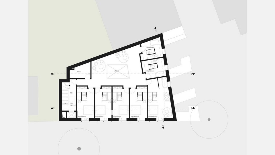 Grundriss 3. OG der Bachelor-Arbeit Gästehaus Neukirchen