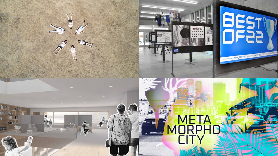 Collage bestehend vier Bildern mit Projekten, Ausstellungen und Events