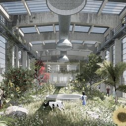 Rendering eines überdachten Innenraumes mit Garten der Master Thesis Manifest 2022