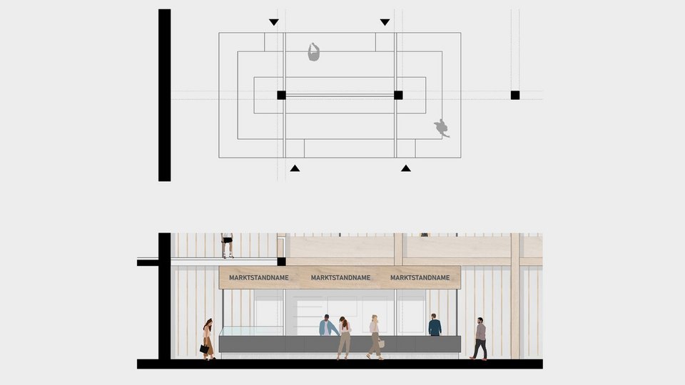 Zeichnung Marktstand der Studienarbeit Neue Markthalle Freiberg