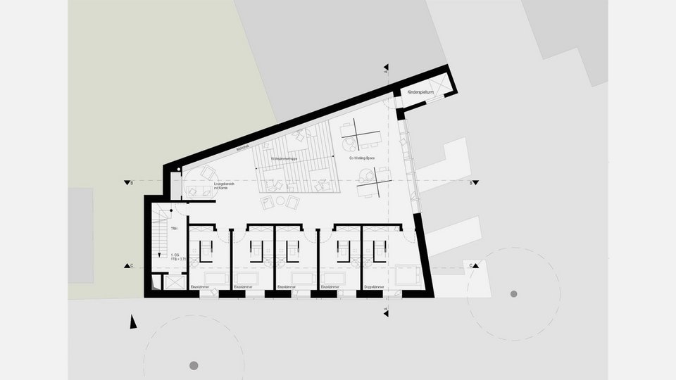 Grundriss 1. OG der Bachelor-Arbeit Gästehaus Neukirchen