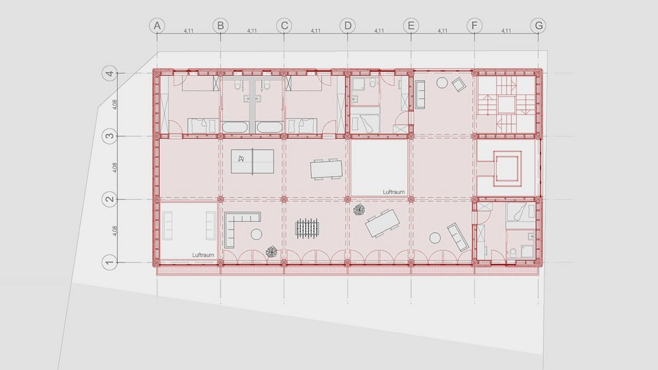 Grundriss 2.OG der Bachelor-Arbeit Holzmarkt Bauer – Ein Haus für zehn Studierende