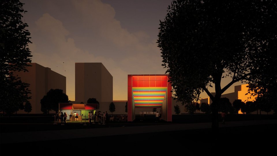 Rendering einer Aussenansicht bei Nacht des Wahlpflichtfachs Selbstbauprojekt Studio Campus