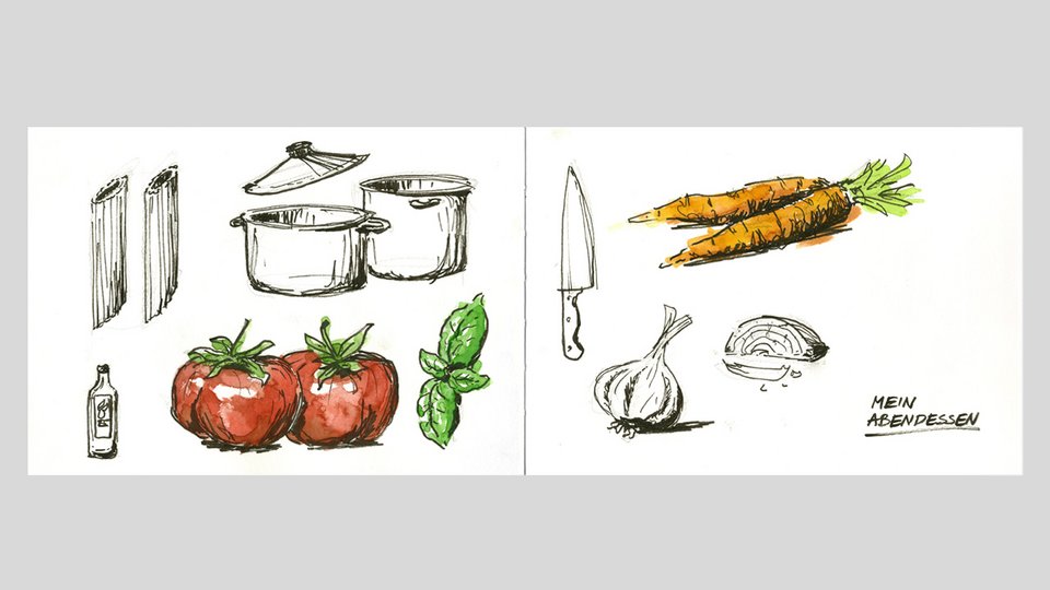 Colorierte Freihandzeichnung diverser Gemüsesorten und Küchenutensilien