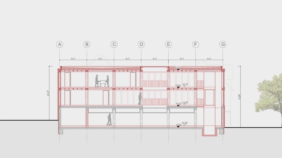 Längsschnitt der Bachelor-Arbeit Holzmarkt Bauer – Ein Haus für zehn Studierende