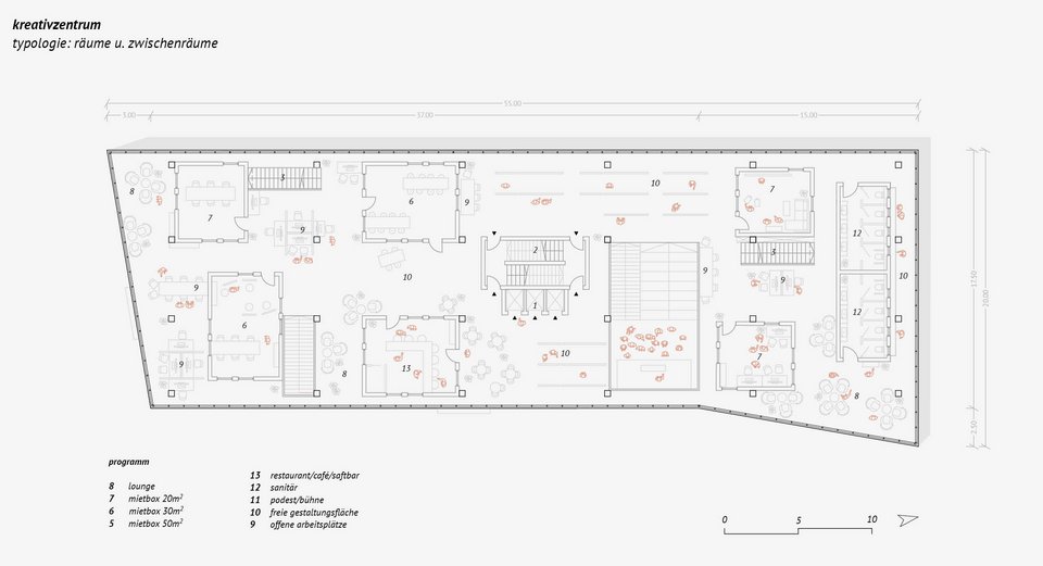 Grundriss OG der Studienarbeit Kreativzentrum Bietigheim-Bissingen