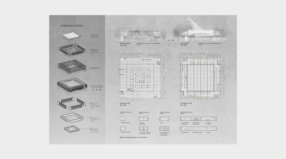Gebäudeaufbau, Grundrisse, Schnitte und Ansichten der Studienarbeit Stuttgart Markthalle – Floating Garden