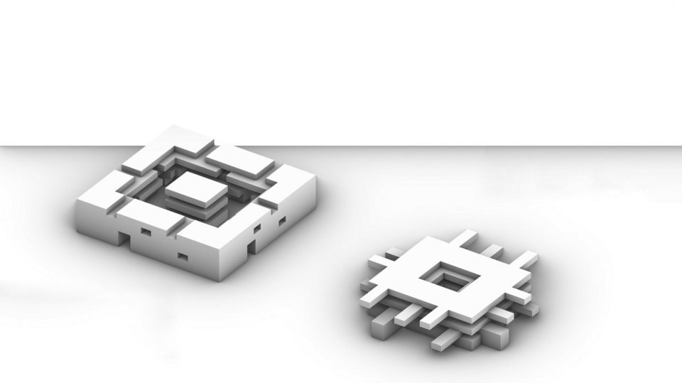 Rendering des Positiv- und Negativraums einer stadträumlichen Skulptur eines urbanen Stadtblocks