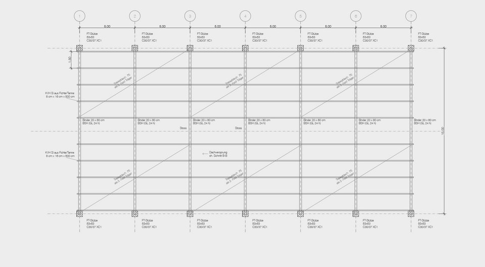 Tragwerksplan der Studienarbeit Rinderauktionshalle St. Gallen