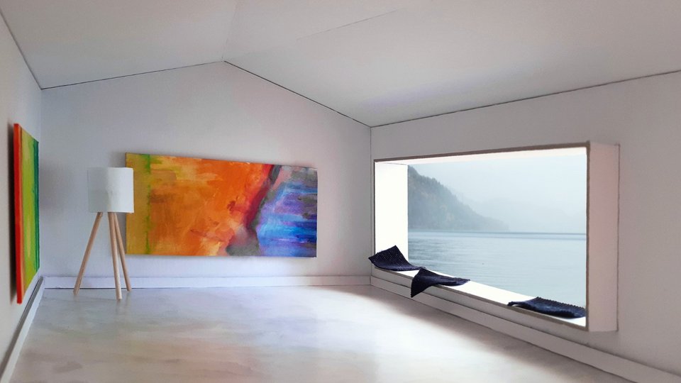 Modellfoto einer Innenansicht der Studienarbeit Kunstrefugium am Walchensee
