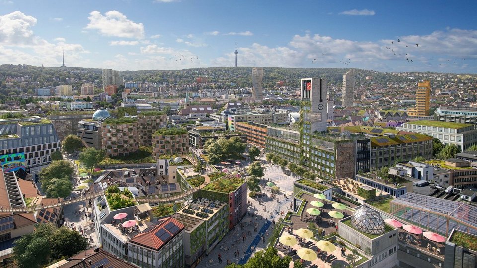 Visualisierte Zukunftsvision des Projekts RE:New City Diese Grafik ist auf Initiative der HFT Stuttgart in Zusammenarbeit mit Reinventing Society und der Stadt Stuttgart entstanden 