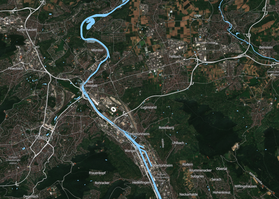 Sentinel-2-Echtfarbenbild eines Teilgebiets des Großraumes Stuttgart. Visualisierung erstellt mit sentinel-hub.com