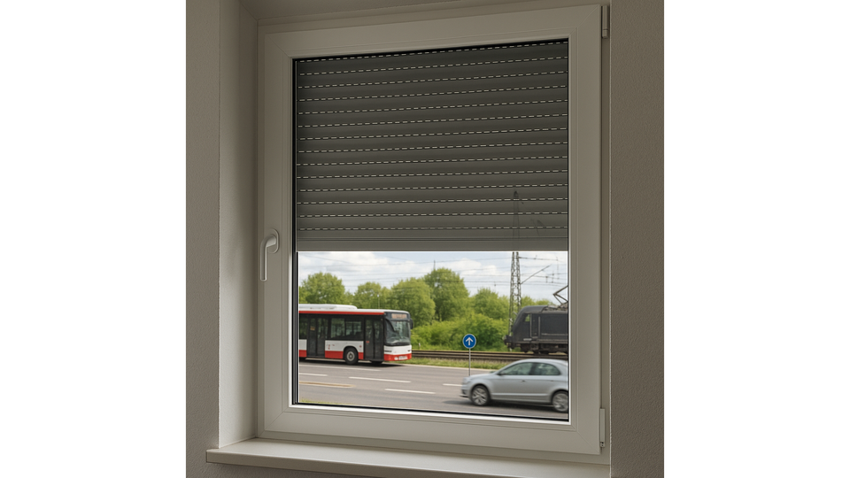 Fenster mit halb heruntergelassenem Rollladen. Auto, Bus und Zug im Außenbereich.