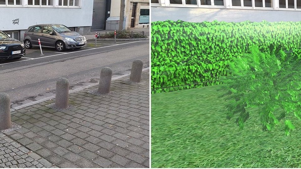 Darstellung von AR-Szenario (vorher-nachher) durch Grünpflanzen, die Autos und Strasse verdecken/Representation of AR scenario (before/after) by green plants hiding cars and road