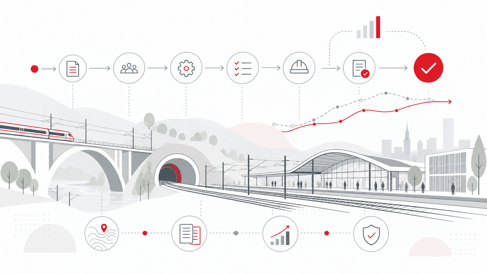 Minimalistische Illustration einer modernen Eisenbahninfrastruktur mit Brücke, Tunnel, Gleisen und Bahnhof. Darüber verläuft eine schematische Prozesskette mit Symbolen für Dokumentation, Beteiligte, Planung, Prüfung, Bau und Genehmigung. Diagramme und Verbindungslinien verdeutlichen die Analyse, den Vergleich und die Optimierung von Planungs-, Bau- und Genehmigungsprozessen. Die Darstellung ist in Grau- und Weißtönen gehalten und wird durch rote Akzente ergänzt.