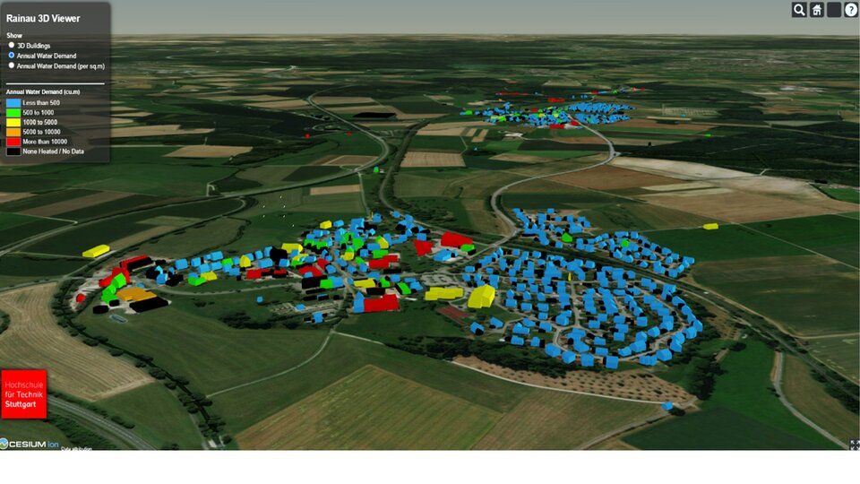 Eine 3D-Visualisierung des jährlichen Wasserbedarfs von Wohn- und Nichtwohngebäuden in Rainau