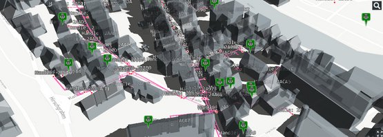 3D City Model in the area of Katharinenvorstadt, Schwäbisch Hall, with an integrated district heating network. 3D building model and district heating network visualization