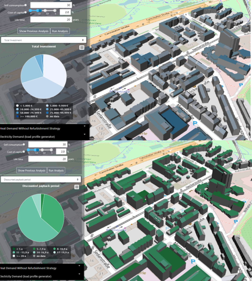 Auszug einer 3D Visualisierung des Stadtteils Stuttgart Stöckach mit Wirtschaftlichkeitsberechnung für PV Anlagen pro Dachfläche (oben: Investition pro Dachfläche in €; unten: Amortisationszeit in Jahres (a))