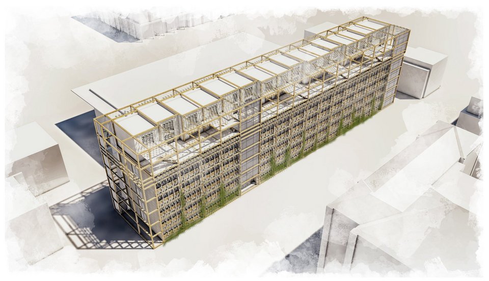 Rendering des Gebäudekomplexes im Rahmen des SDE21-22 Wettbewerbs