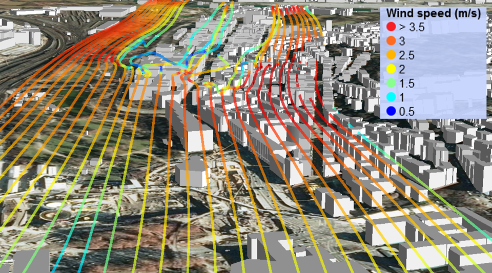 Simulierte Windgeschwindigkeit am Neckator/Stuttgart - Simulated wind velocity at Neckartor Stuttgart