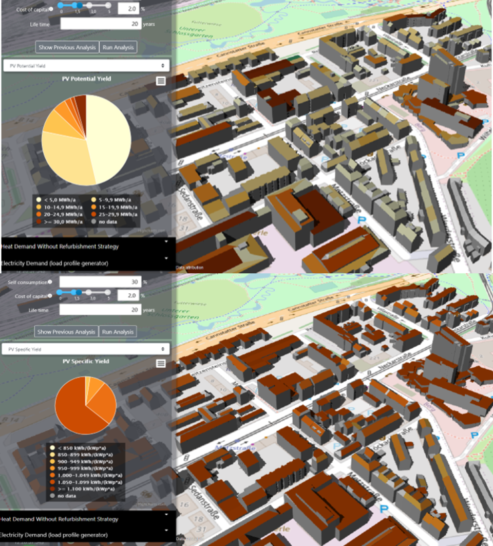 Auszug einer 3D Visualisierung des Stadtteils Stuttgart Stöckach mit errechnetem PV Potenzial pro Dachfläche (oben: PV-Ertrag in MWh/a; unten: spezifischer PV-Ertrag in kWh/(kWp*a))