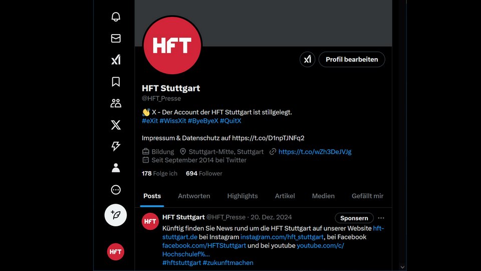 HFT Stuttgart legt X Account still