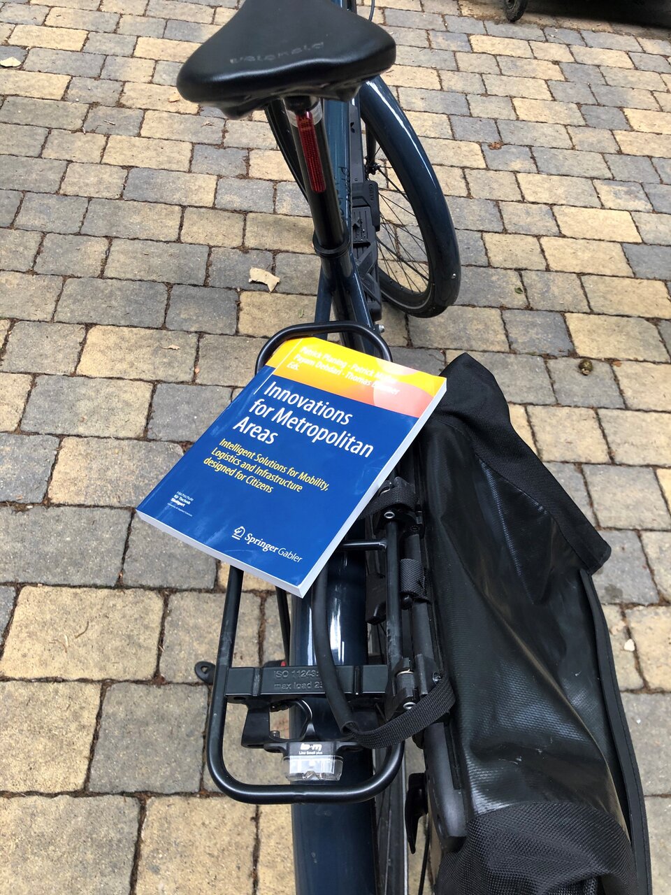 Buch liegt auf Fahrradgepäckträger