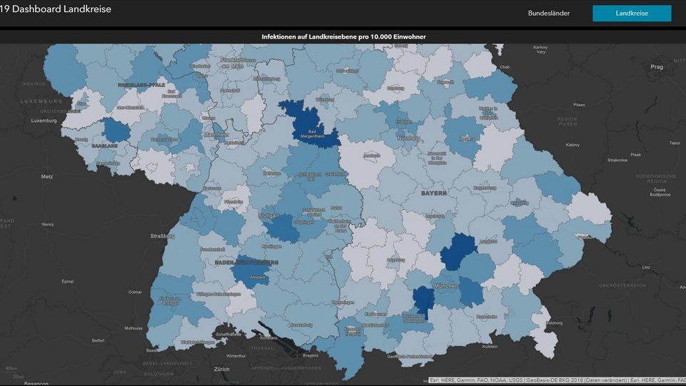 Das Covid-19-Dashboard des Robert Koch Instituts gibt Auskunft über die Zahl der Infektionen und der Verbreitung innerhalb von Landkreisen am 18.03.2020 